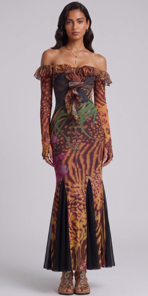 62fe564381d5c114 BROWN MERMAID MESH EVENING DRESS