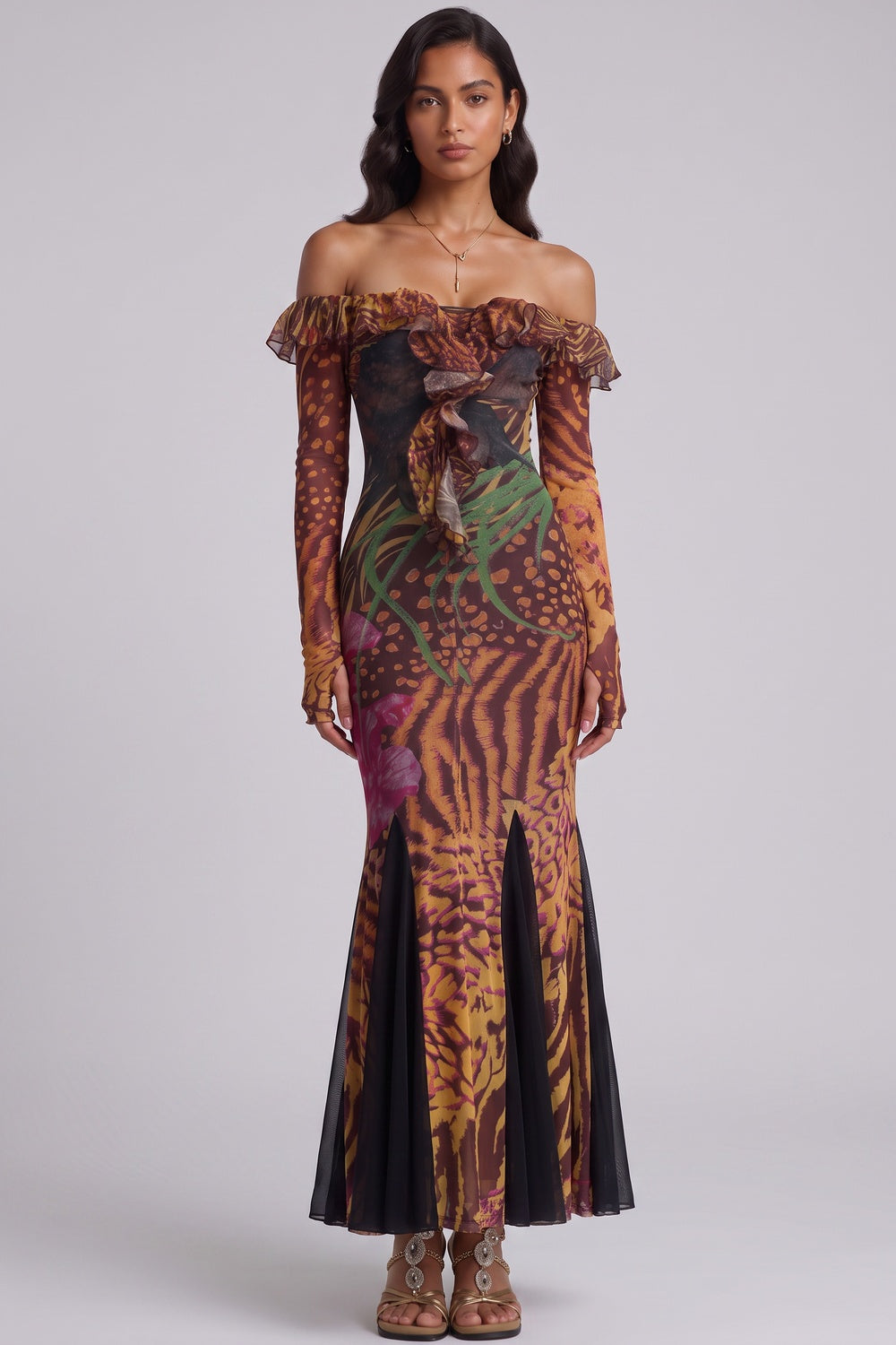 BROWN MERMAID MESH EVENING DRESS