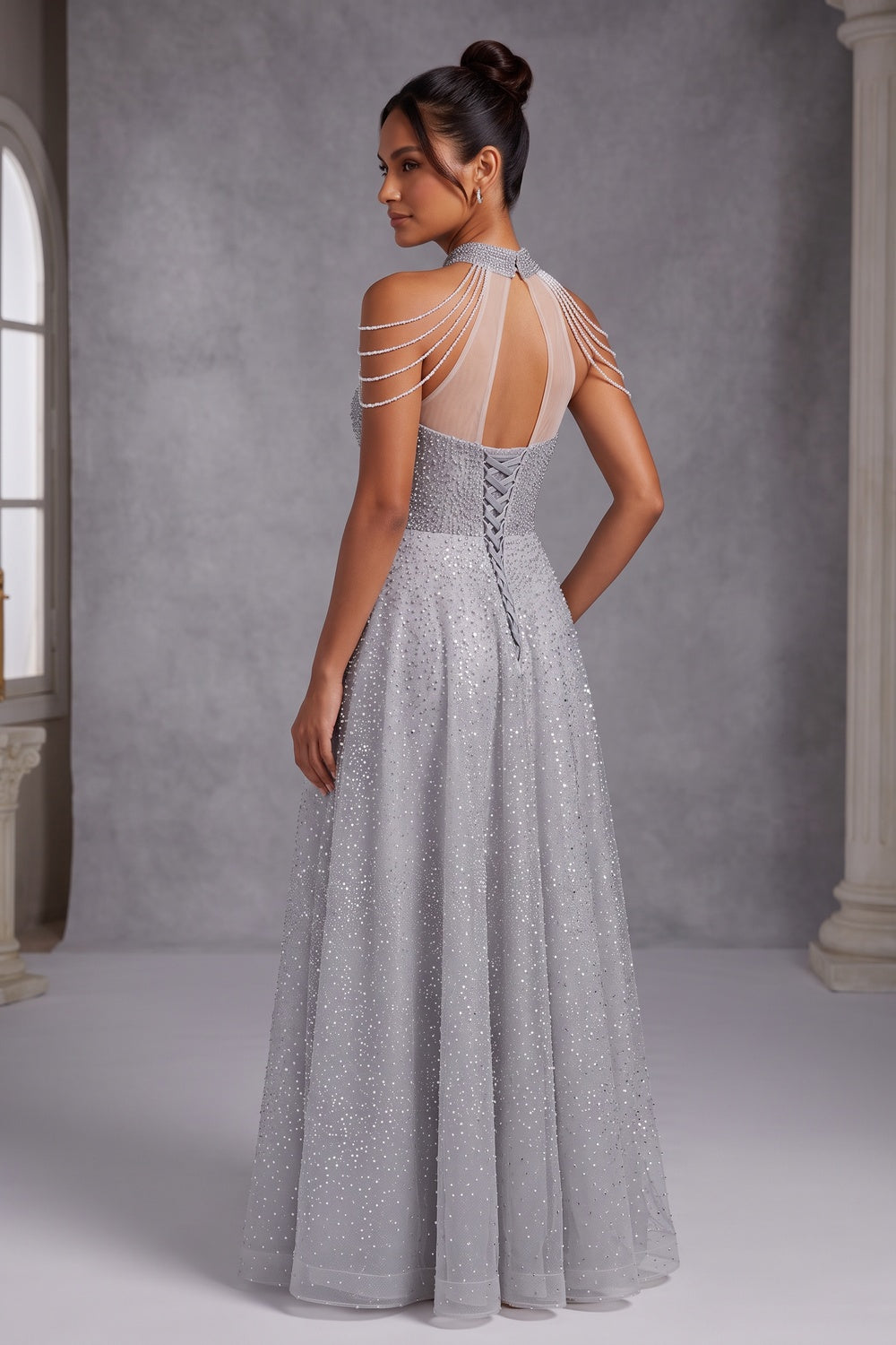 630963f550a1da00 SILVER TULLE A-LINE BALL GOWN FOR EVENING