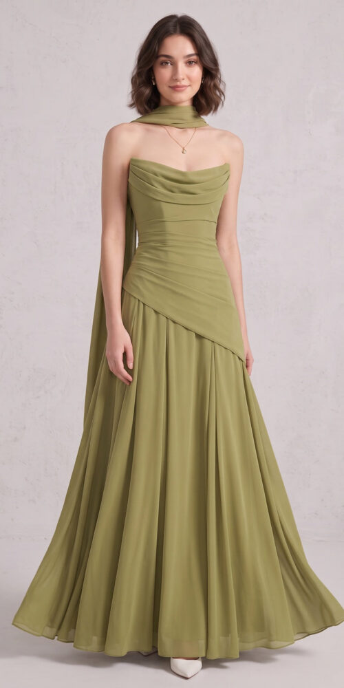 OLIVE GREEN CHIFFON A-LINE COWL BACK GOWN