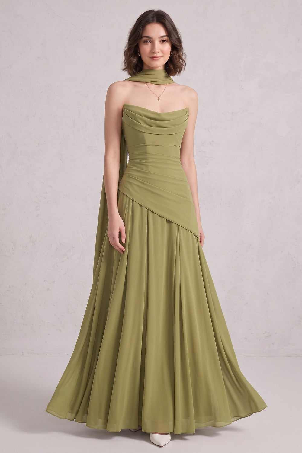 6329f01392eb33f9 OLIVE GREEN CHIFFON A-LINE COWL BACK GOWN
