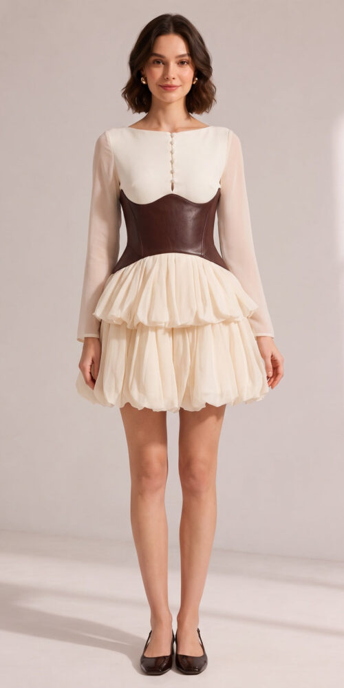 632eb60fef4ad6f4 CREAM SHEER LAYERED PETAL MINI DRESS WITH BROWN LEATHER BELT