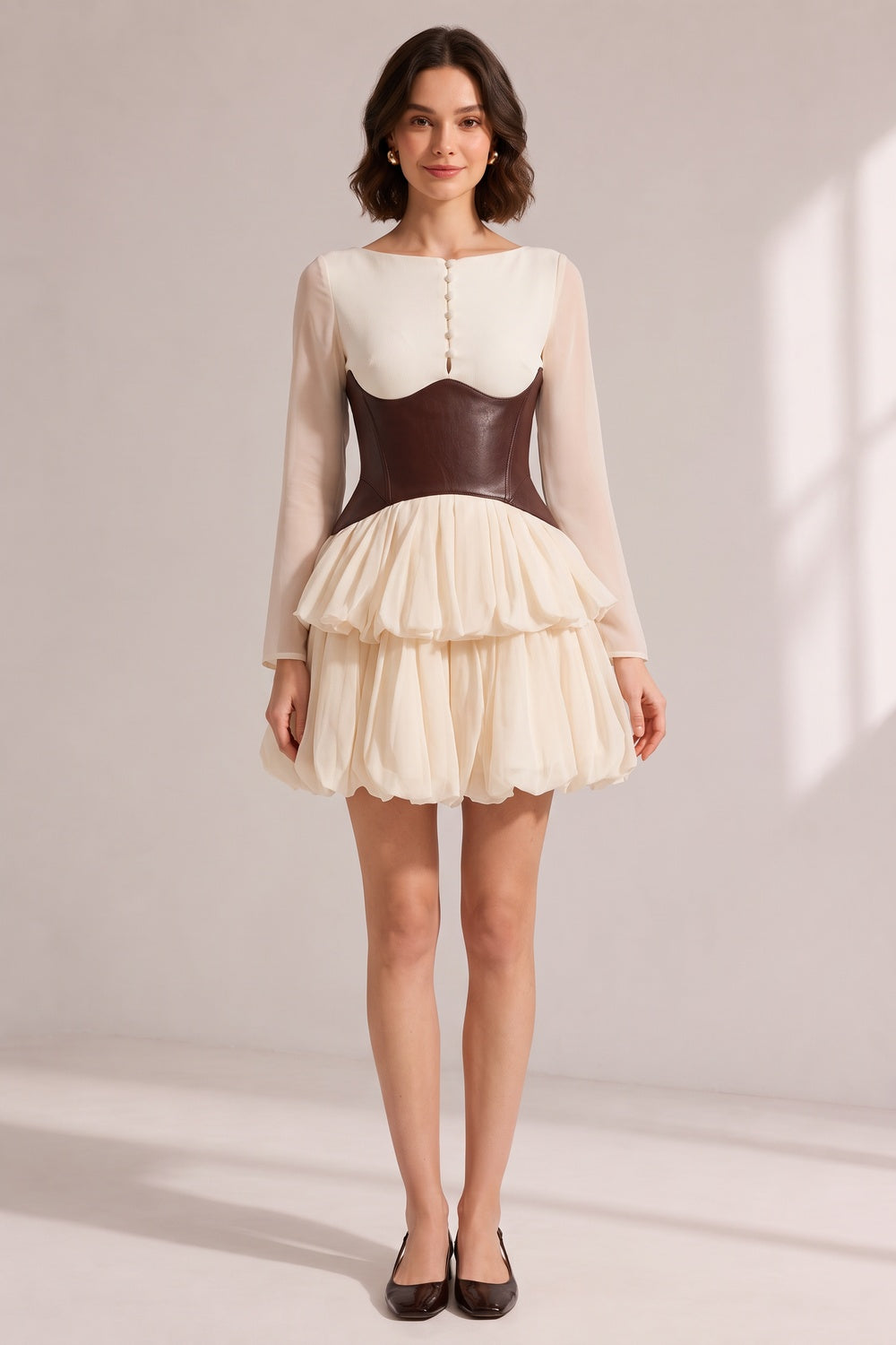 632eb60fef4ad6f4 CREAM SHEER LAYERED PETAL MINI DRESS WITH BROWN LEATHER BELT