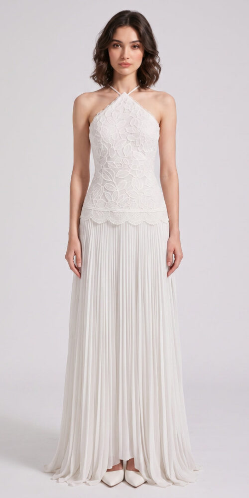 WHITE LACE A-LINE MAXI DRESS FOR WEDDING GUEST
