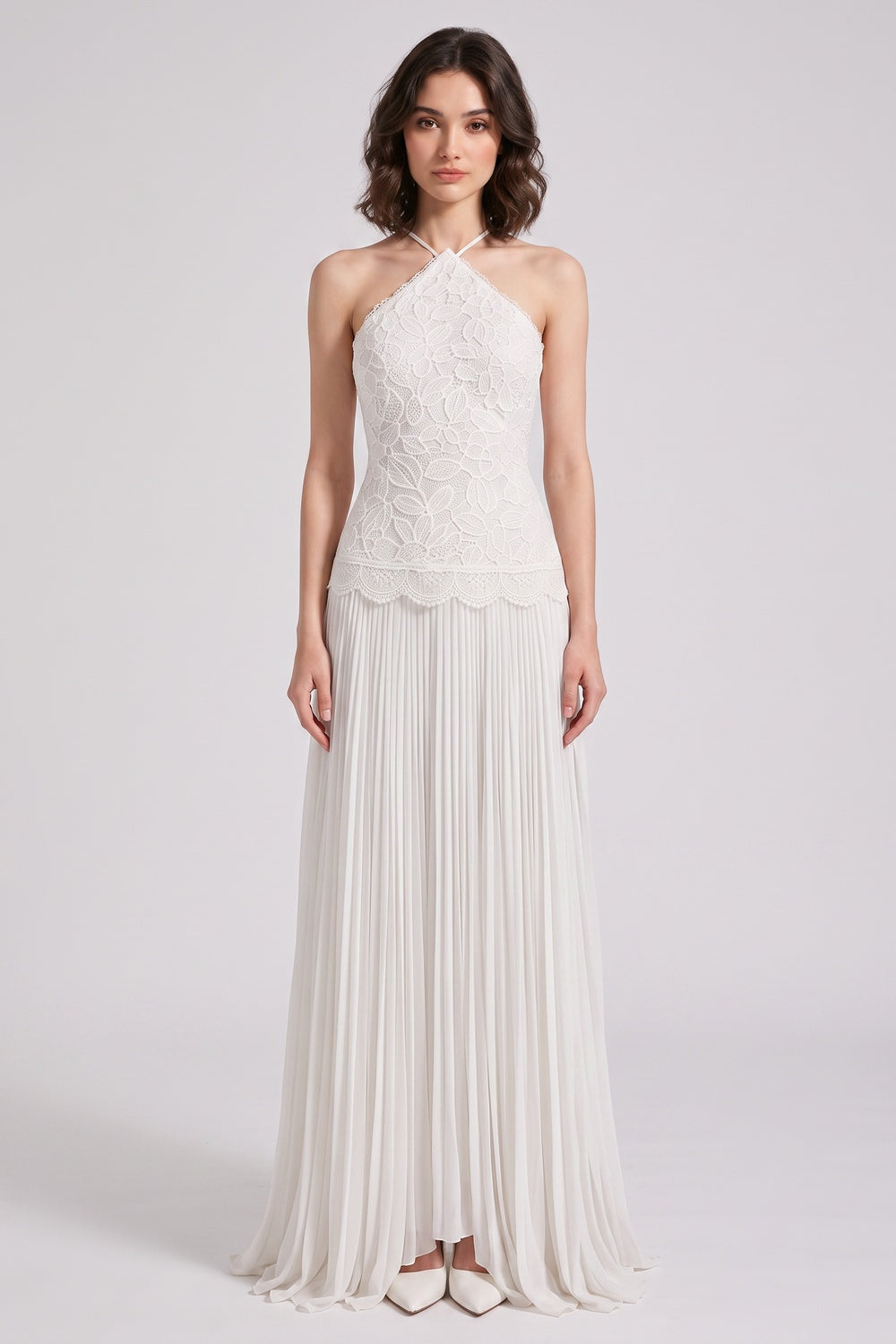 WHITE LACE A-LINE MAXI DRESS FOR WEDDING GUEST
