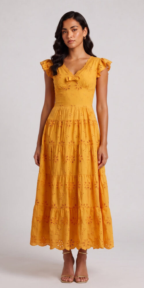 SCALLOP V-NECK RUFFLE SLEEVE EYELET TIERED MIDI DRESS