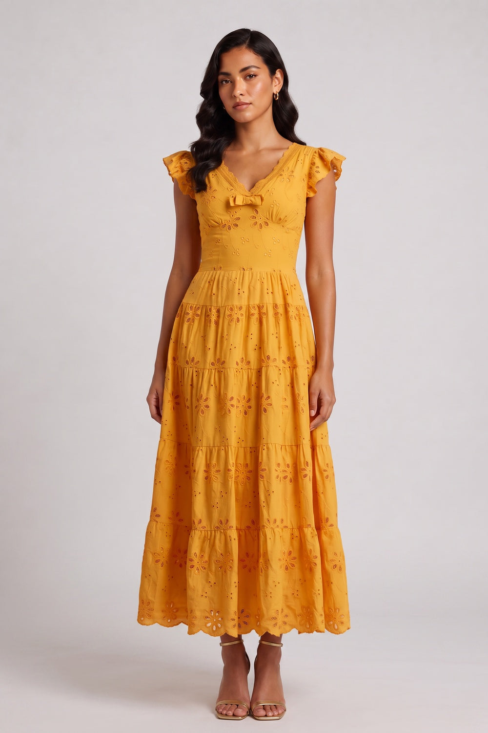 6391689cad4d8866 SCALLOP V-NECK RUFFLE SLEEVE EYELET TIERED MIDI DRESS