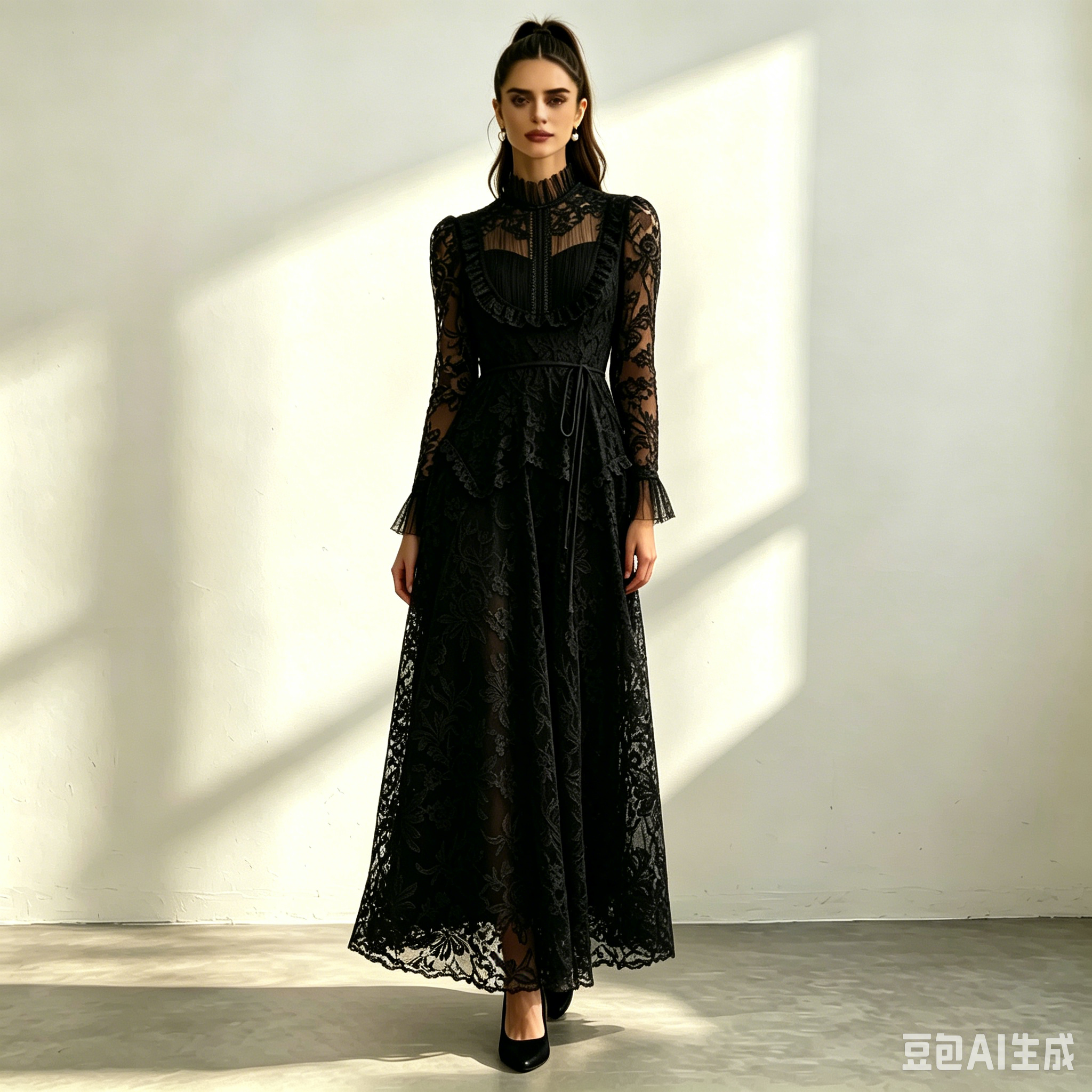 63_4c8a5534-e005-401e-b361-856d72560558 CREAM LACE RUFFLE HIGH NECK BELTED MAXI DRESS