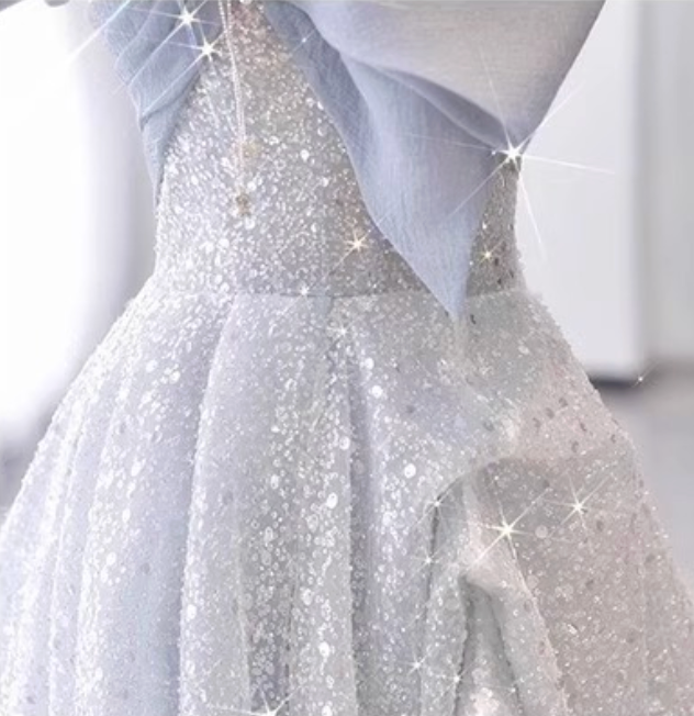 63bce1b3848ea3d163e3705312e91331 SILVER BLUE GLITTER TULLE A-LINE EVENING GOWN