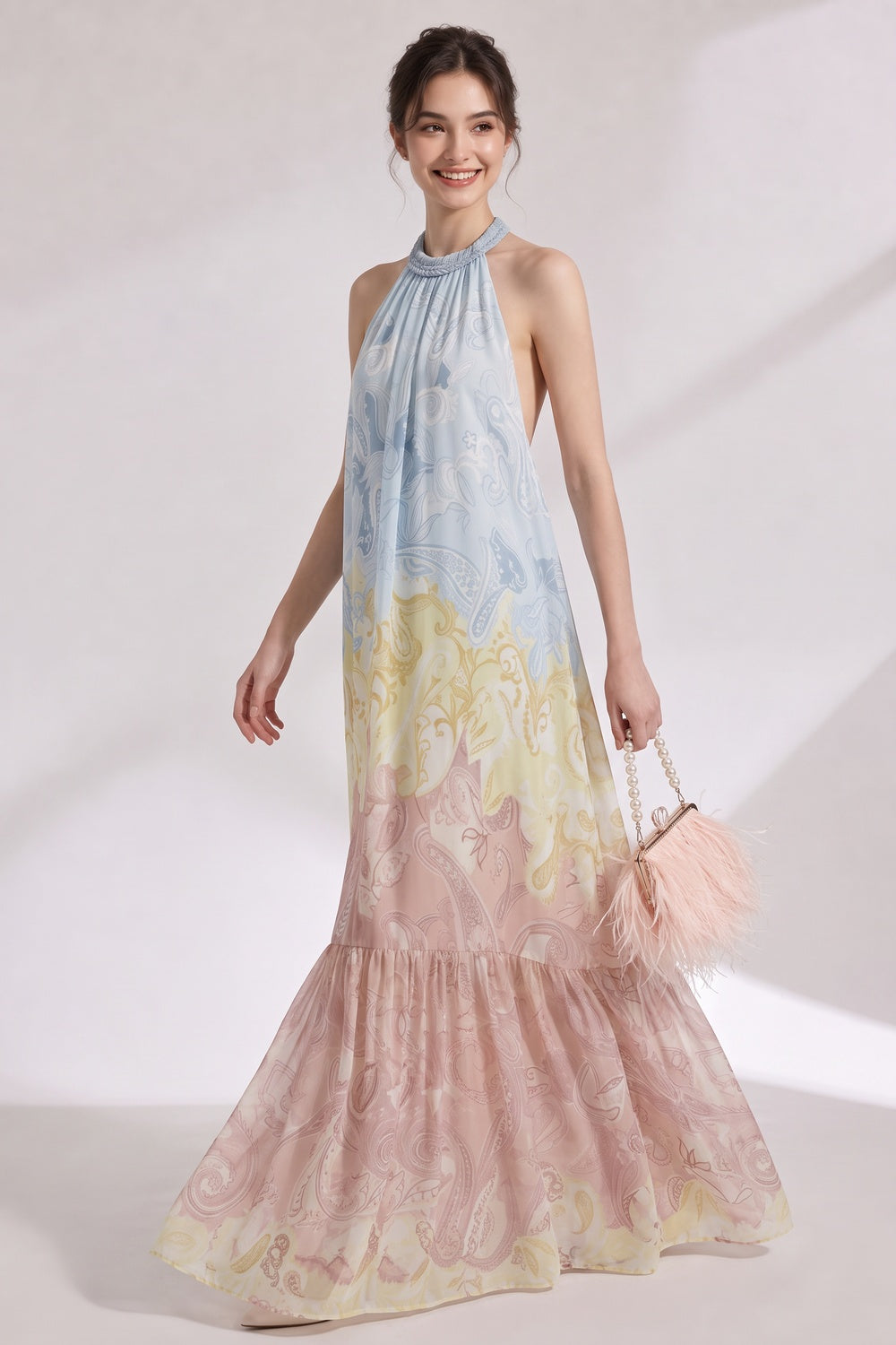 63d5c4552fc20e90 PASTEL OMBRÉ CHIFFON HALTER TIERED MAXI DRESS