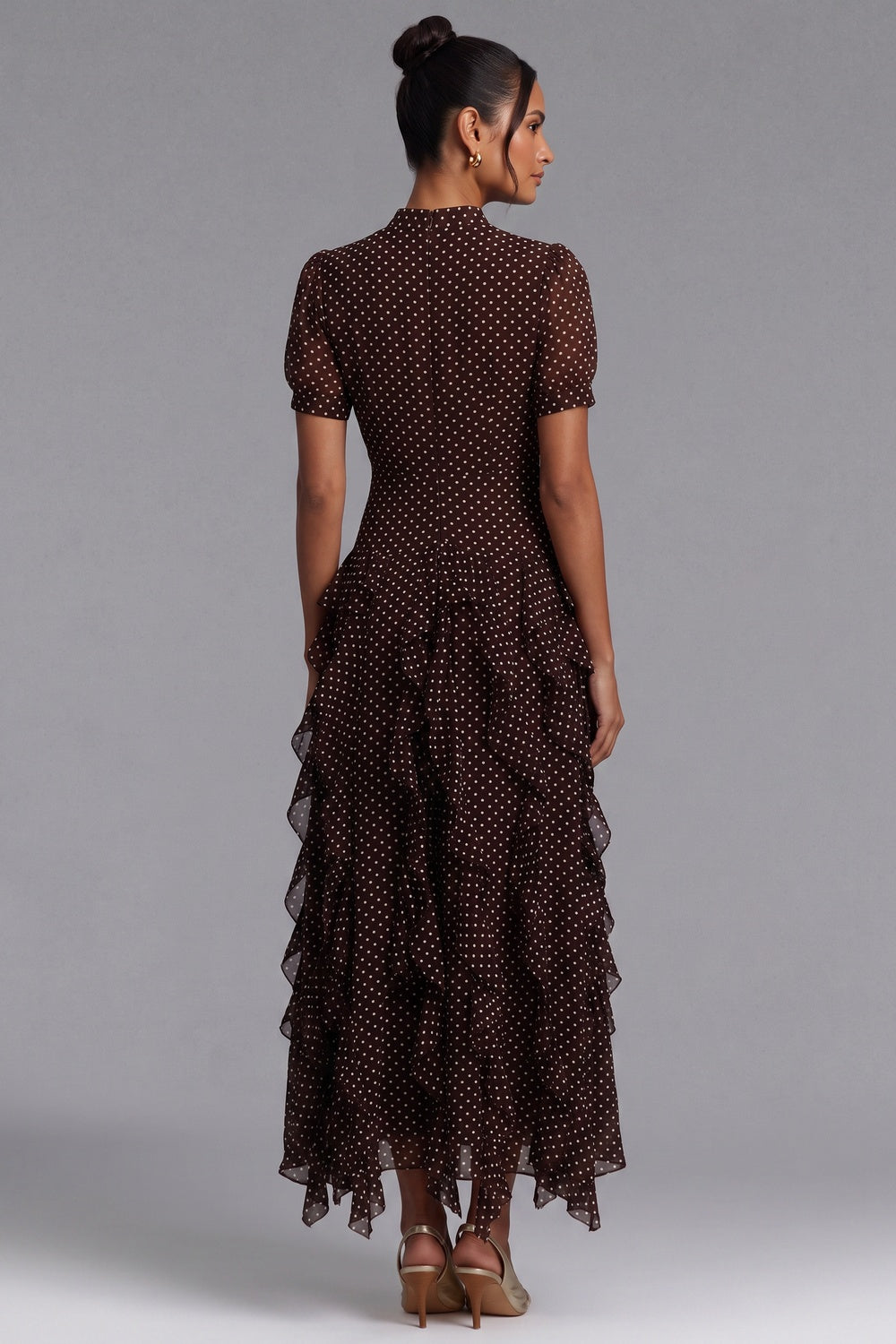 63da1c0dd5a192a7 BROWN POLKA DOT TIERED RUFFLE MIDI DRESS