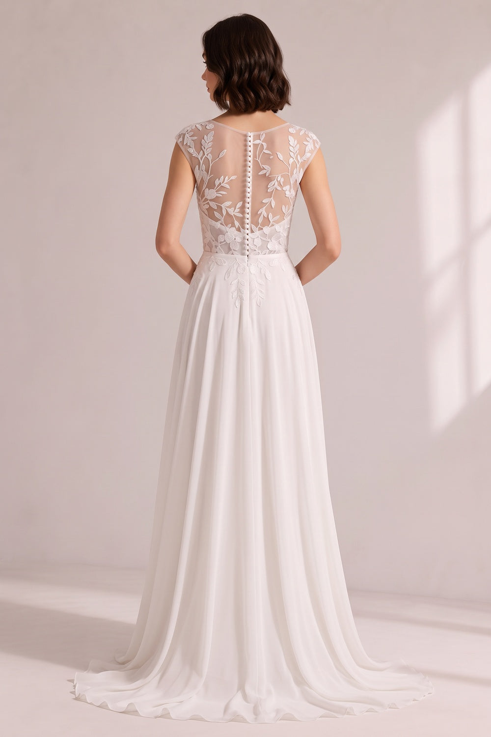 647c47989c4778dd ILLUSION CAP SLEEVE LACE HIGH SLIT CHIFFON WEDDING GOWN