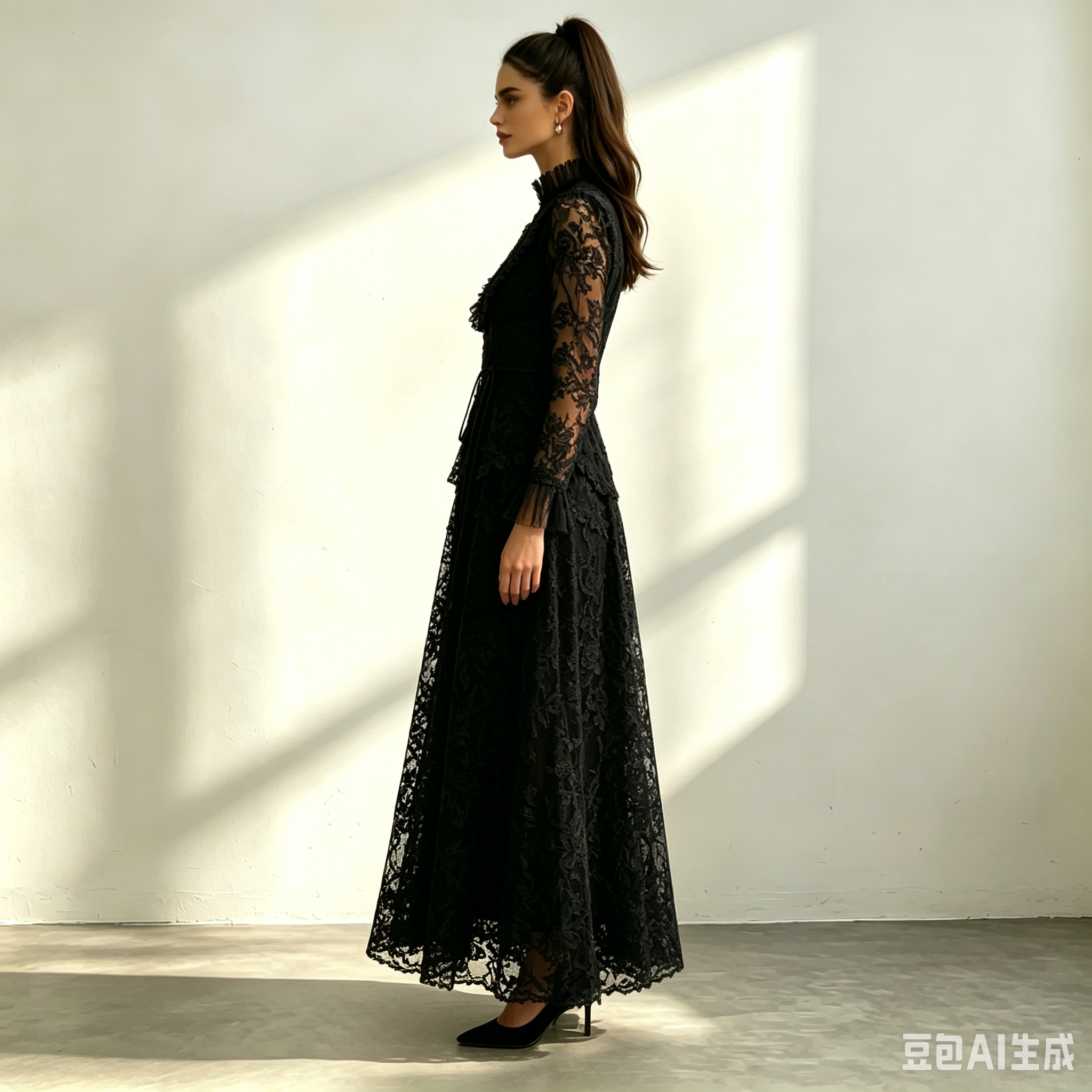 64_6e27bc36-06ad-49e5-bb30-fff6015ec452 CREAM LACE RUFFLE HIGH NECK BELTED MAXI DRESS