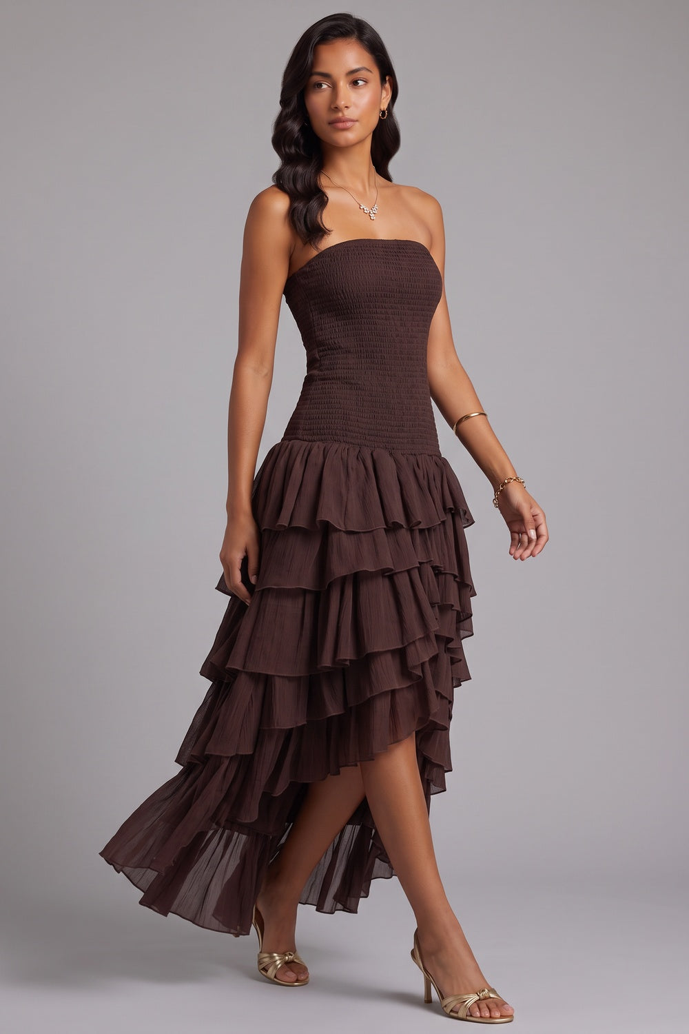 64f7a31f5fb982b7 STRAPLESS SMOCKED HIGH-LOW MIDI DRESS FOR WEDDING GUEST