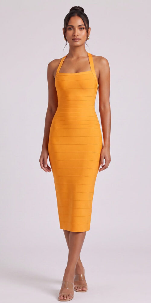 650108750539ada4 YELLOW HALTER BANDAGE MIDI DRESS FOR PARTY