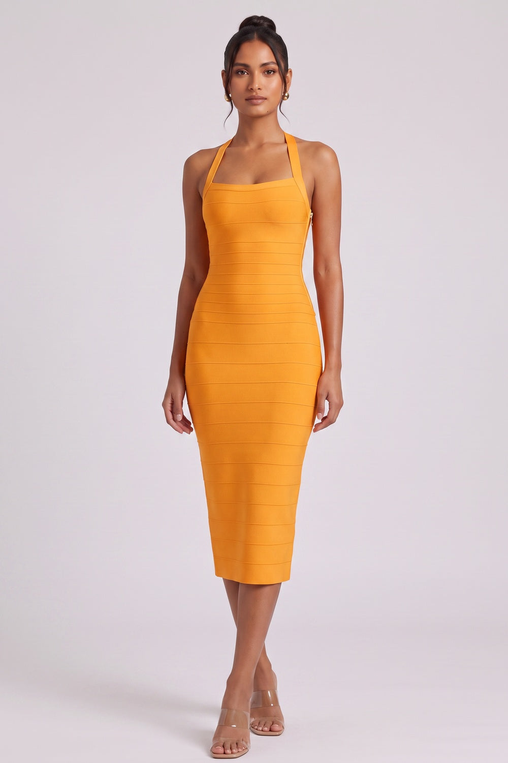 YELLOW HALTER BANDAGE MIDI DRESS FOR PARTY