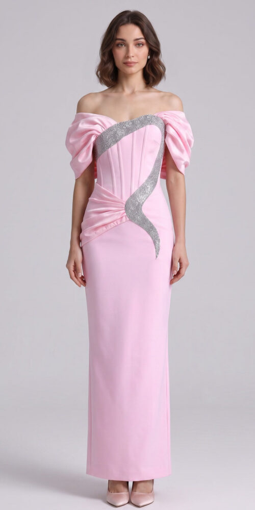 651936834e305262 LIGHT PINK SATIN COLUMN GOWN SILVER TRIM EVENING
