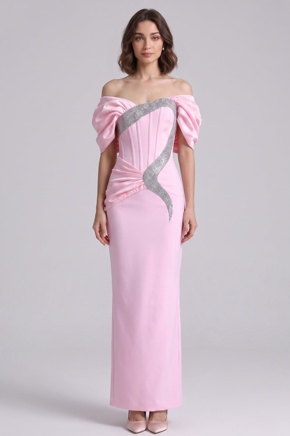 651936834e305262 LIGHT PINK SATIN COLUMN GOWN SILVER TRIM EVENING