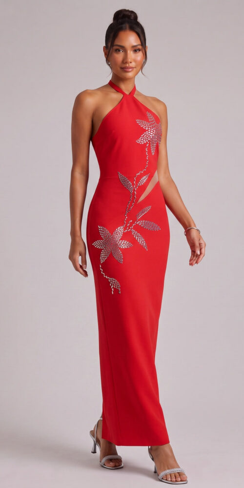 654296970109983d RED HALTER GOWN, SILVER FLORAL EMBELLISHMENTS, FORMAL EVENING