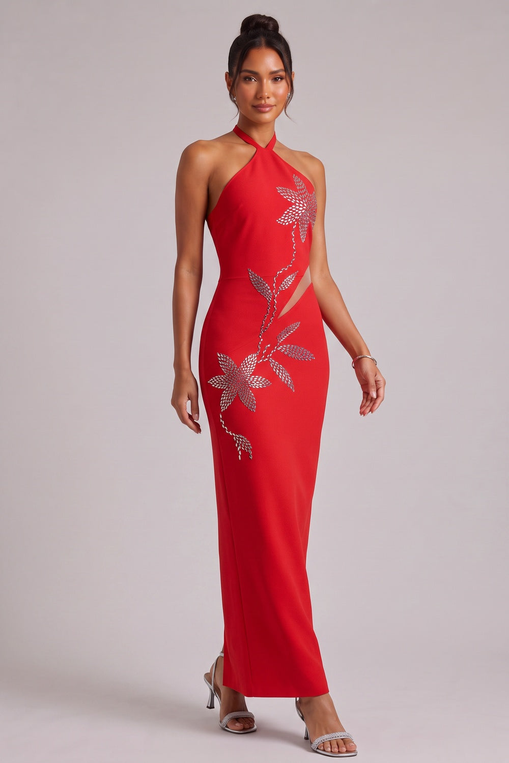 RED HALTER GOWN, SILVER FLORAL EMBELLISHMENTS, FORMAL EVENING