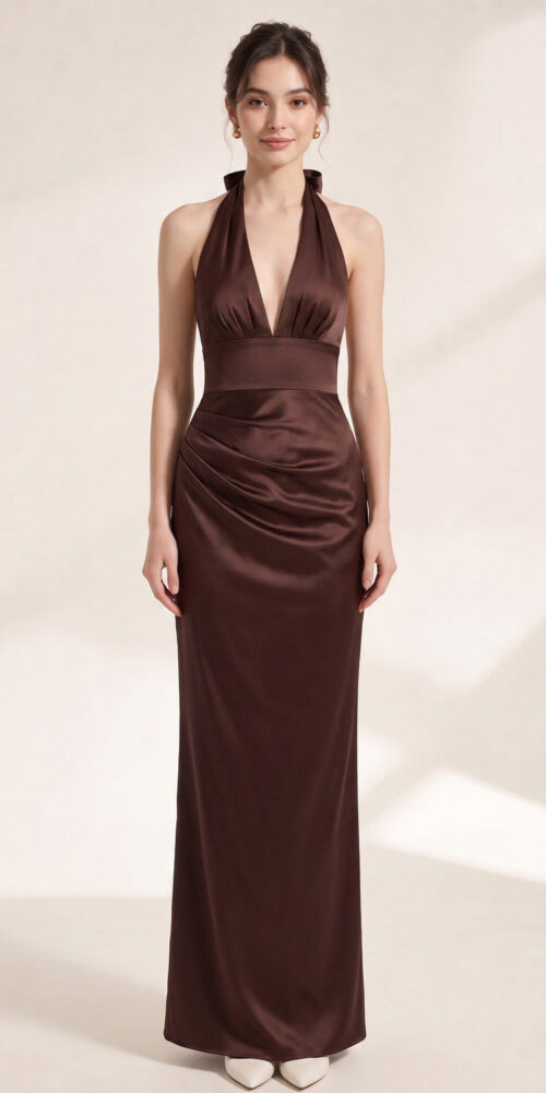 656be822779ab7a0 CHOCOLATE BROWN SATIN FITTED COLUMN GOWN