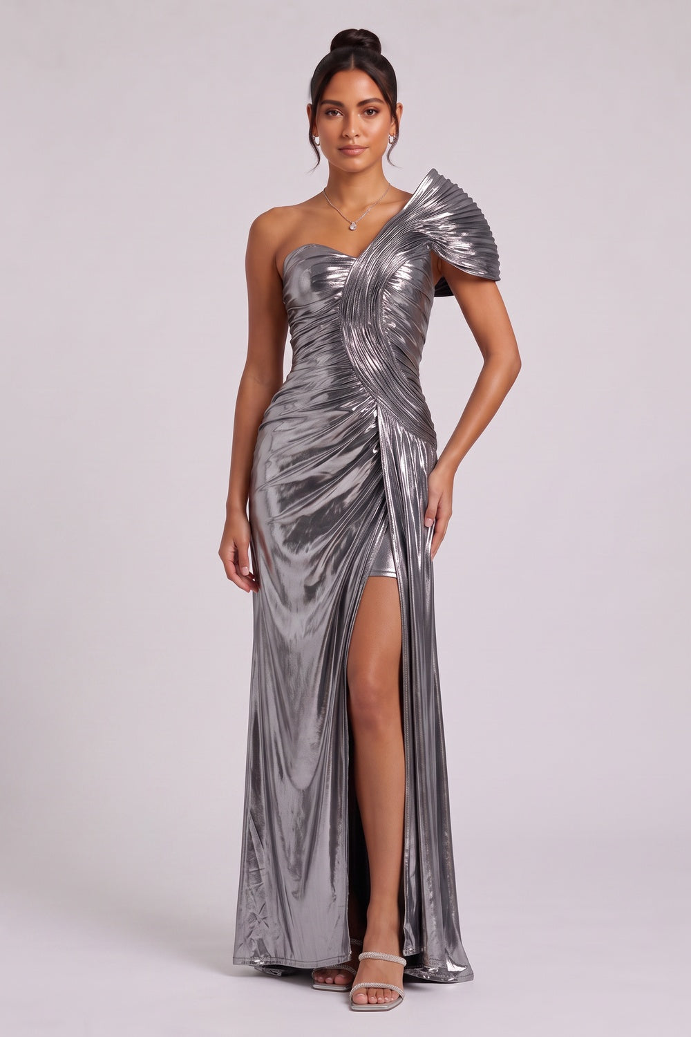 6595ee0987de8cc1 SILVER ONE-SHOULDER DRAPED MAXI DRESS FOR EVENING