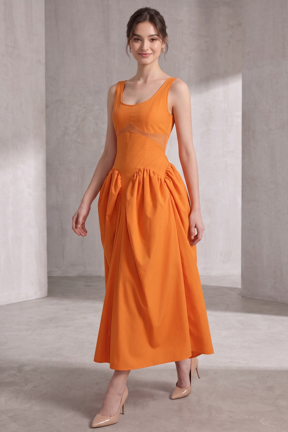 659f5ce7ab2ef936 BRIGHT ORANGE FIT-AND-FLARE MIDI DRESS