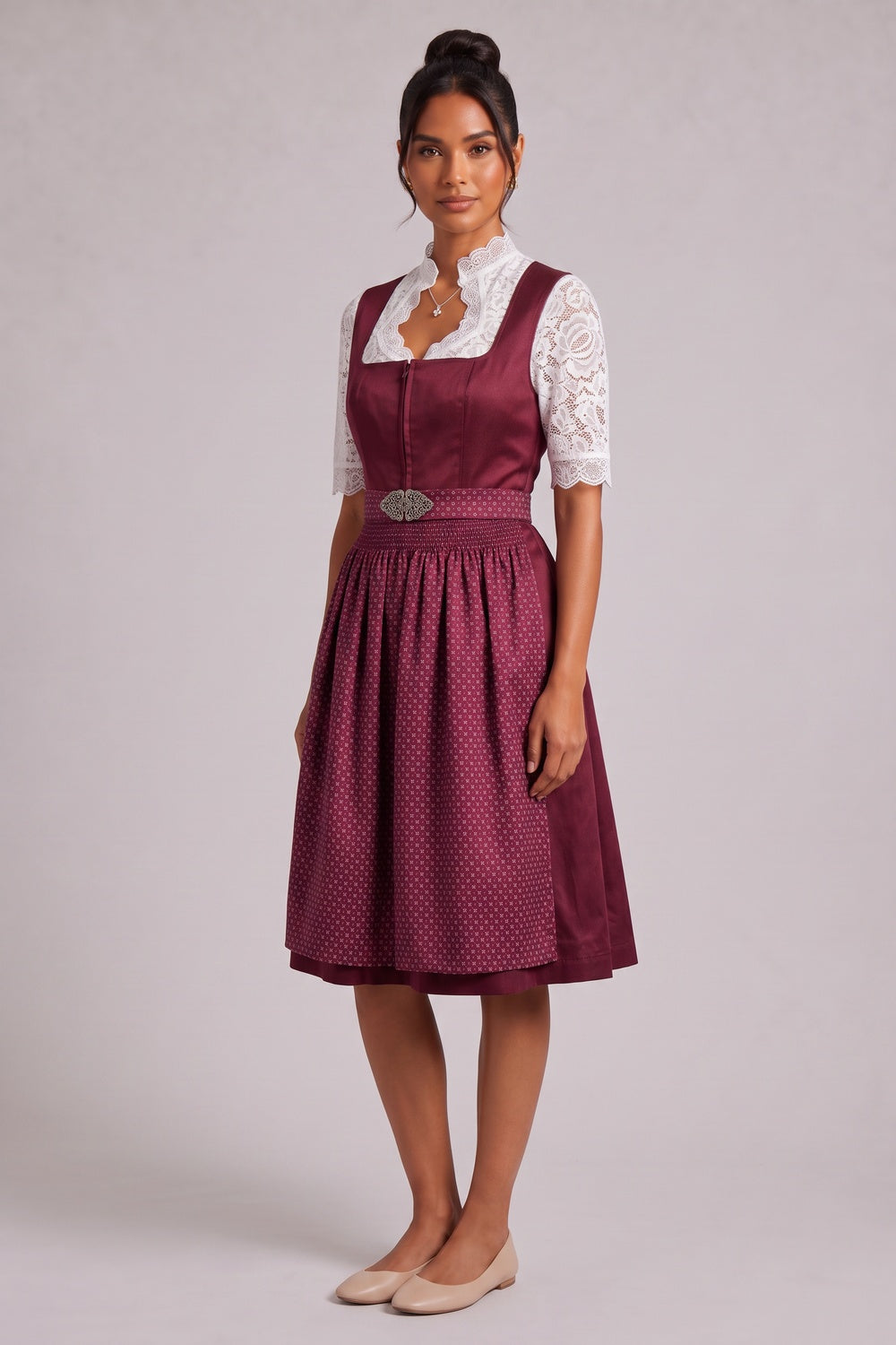 BURGUNDY SATIN DIRNDL DRESS SET - FIT & FLARE WEDDING GUEST