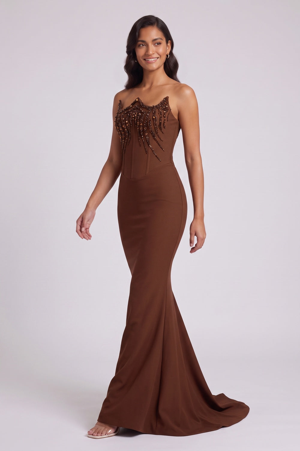 66532ffedd91aba0 BROWN STRAPLESS BEADED MERMAID EVENING GOWN