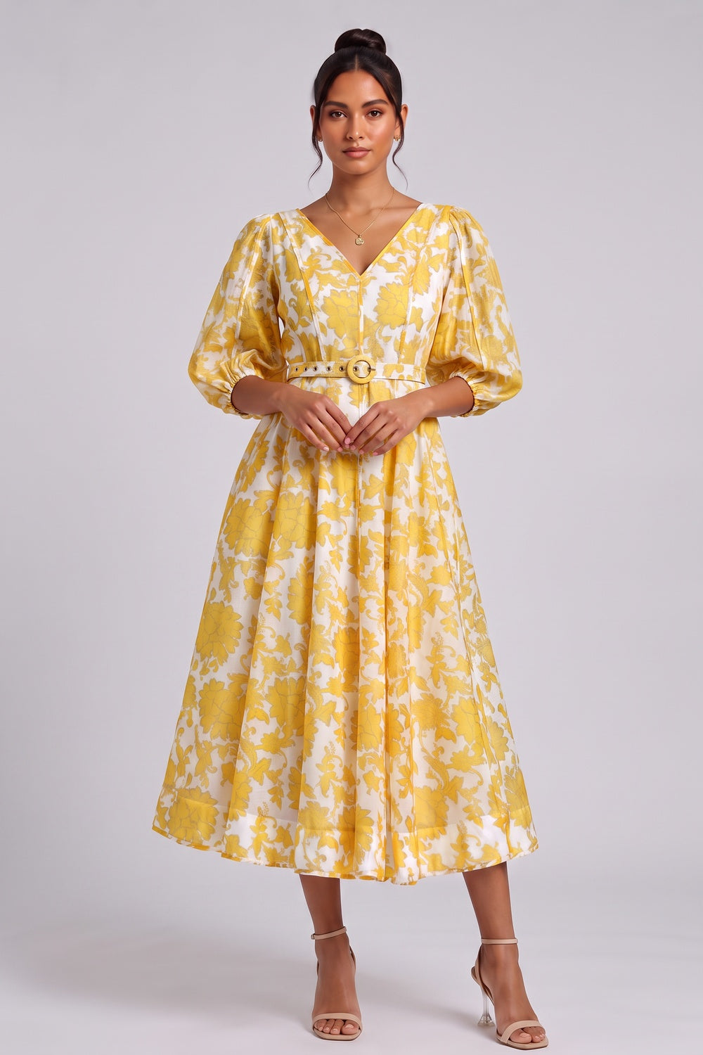 6667108e4899990e YELLOW FLORAL BELTED MIDI DRESS FOR WEDDING GUEST