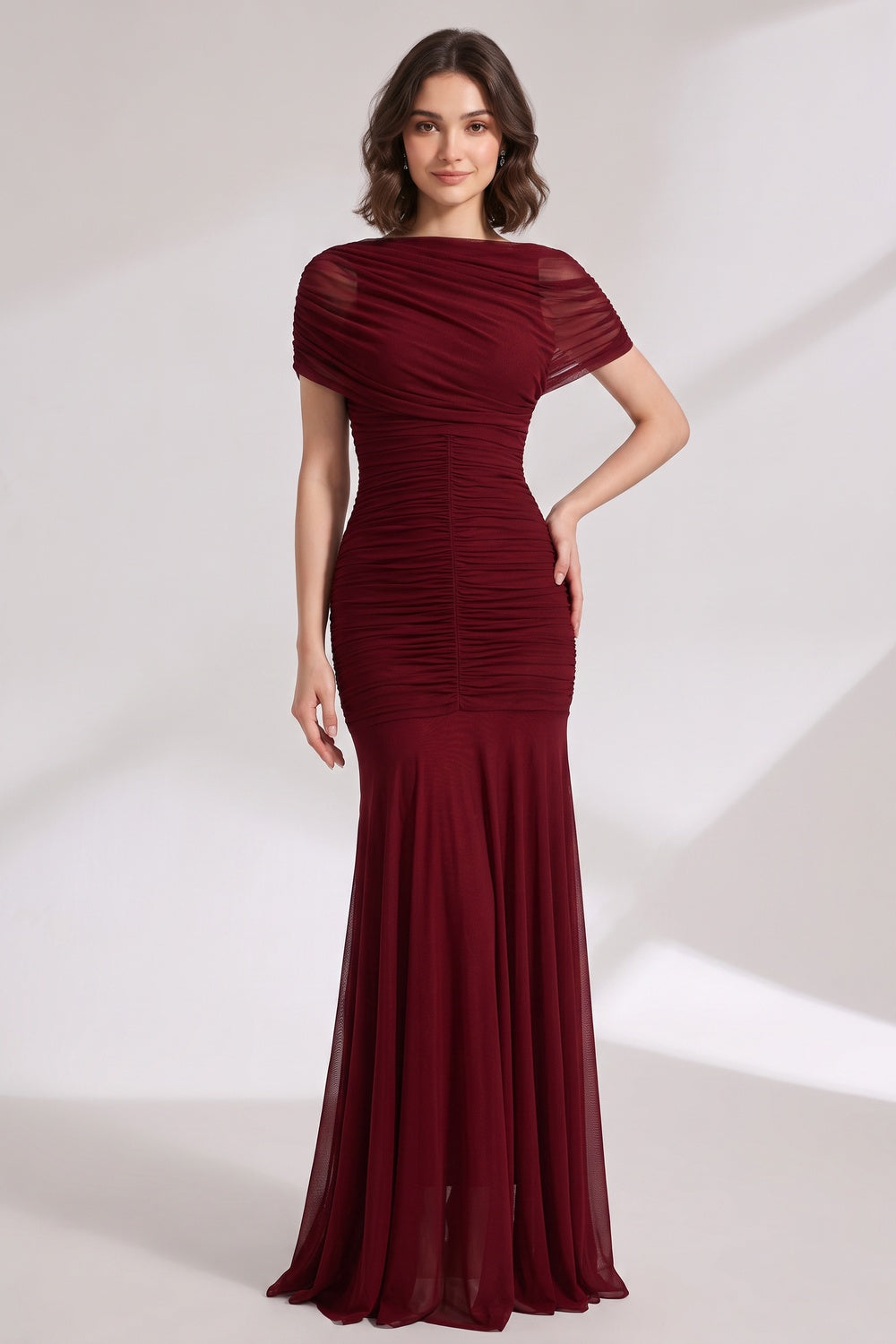 BURGUNDY MERMAID MESH EVENING GOWN