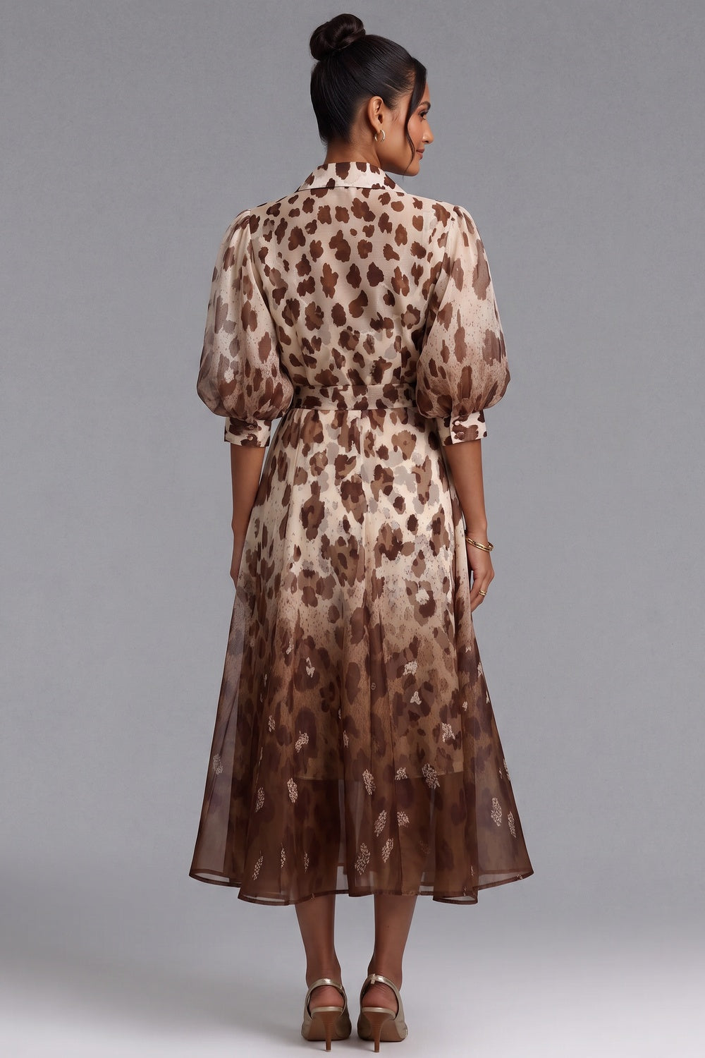 667a764e3f7260d0 OMBRE LEOPARD PUFF SLEEVE MIDI SHIRT DRESS