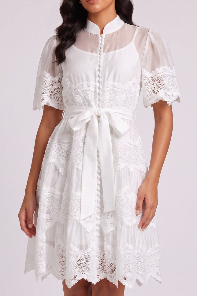 66a02a99c05c1a90 WHITE MANDARIN COLLAR PUFF SLEEVE TIERED LACE MIDI DRESS