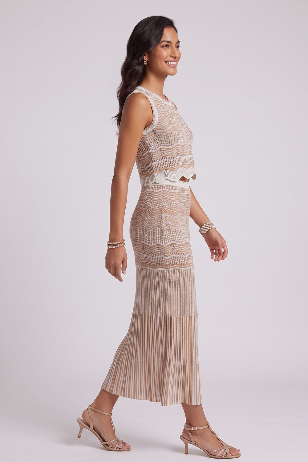 66a5b7572fbd0991 BEIGE POINTELLE KNIT FITTED COLUMN TWO-PIECE SET
