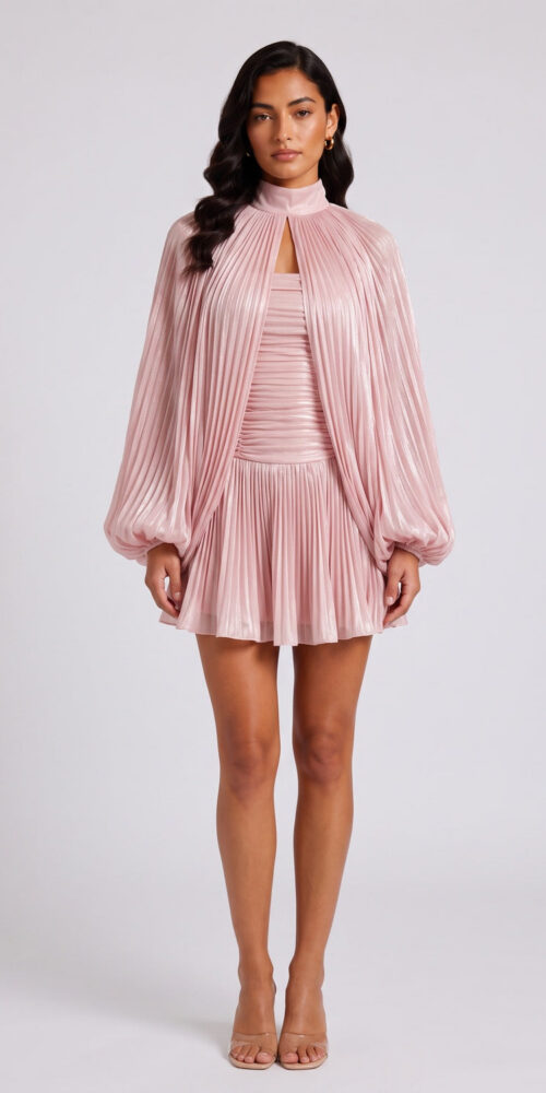 66ade9324039337a HIGH NECK KEYHOLE CAPE PUFF SLEEVE RUCHED MINI DRESS
