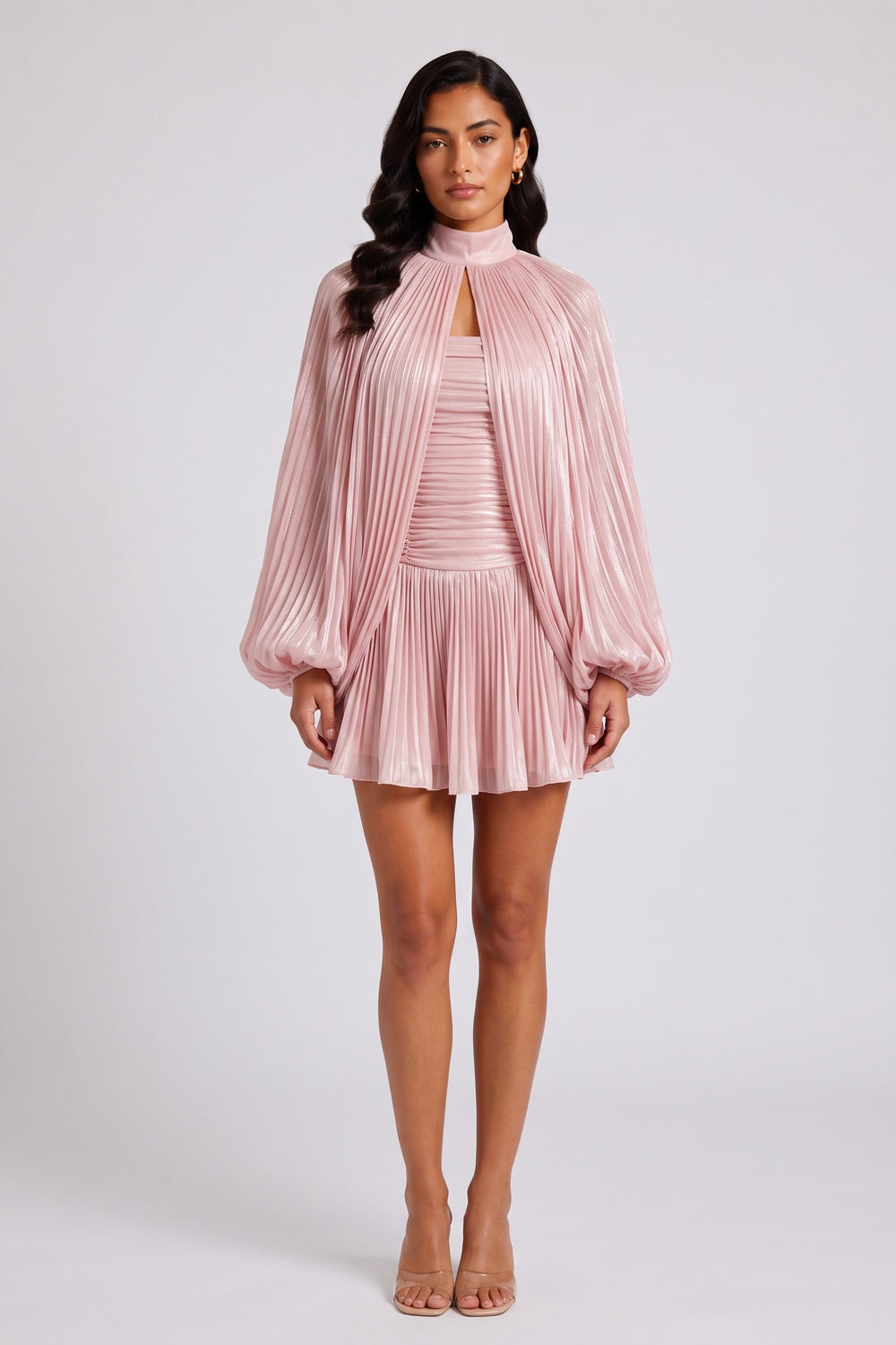66ade9324039337a HIGH NECK KEYHOLE CAPE PUFF SLEEVE RUCHED MINI DRESS