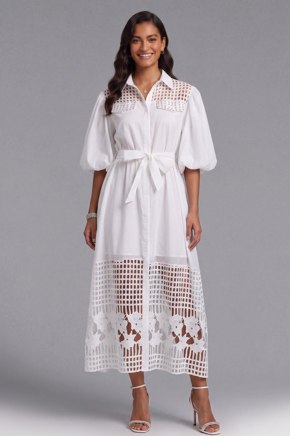 66c8e1c601921cc8 WHITE LACE PUFF SLEEVE A-LINE SHIRT DRESS
