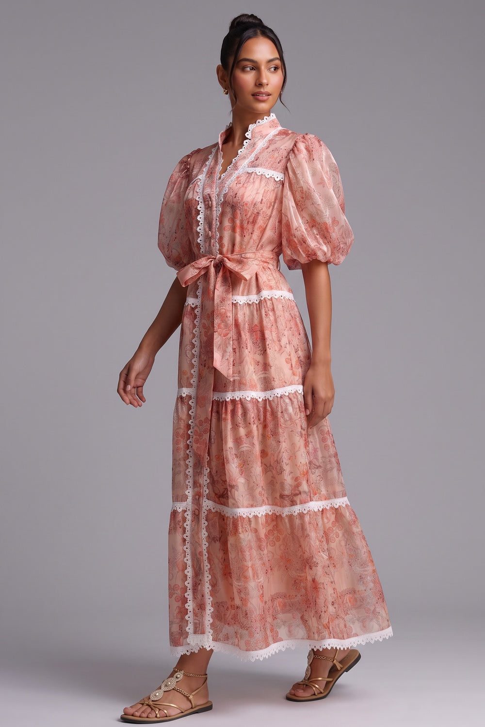 PEACH ORGANZA A-LINE TIERED MAXI DRESS BOTANICAL FLORAL