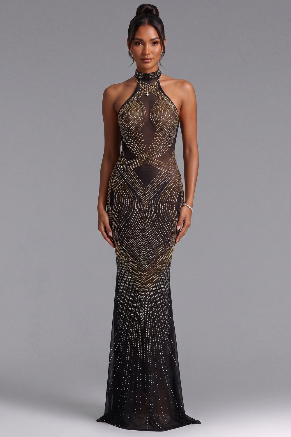 BLACK GOLD EMBELLISHED MERMAID EVENING GOWN