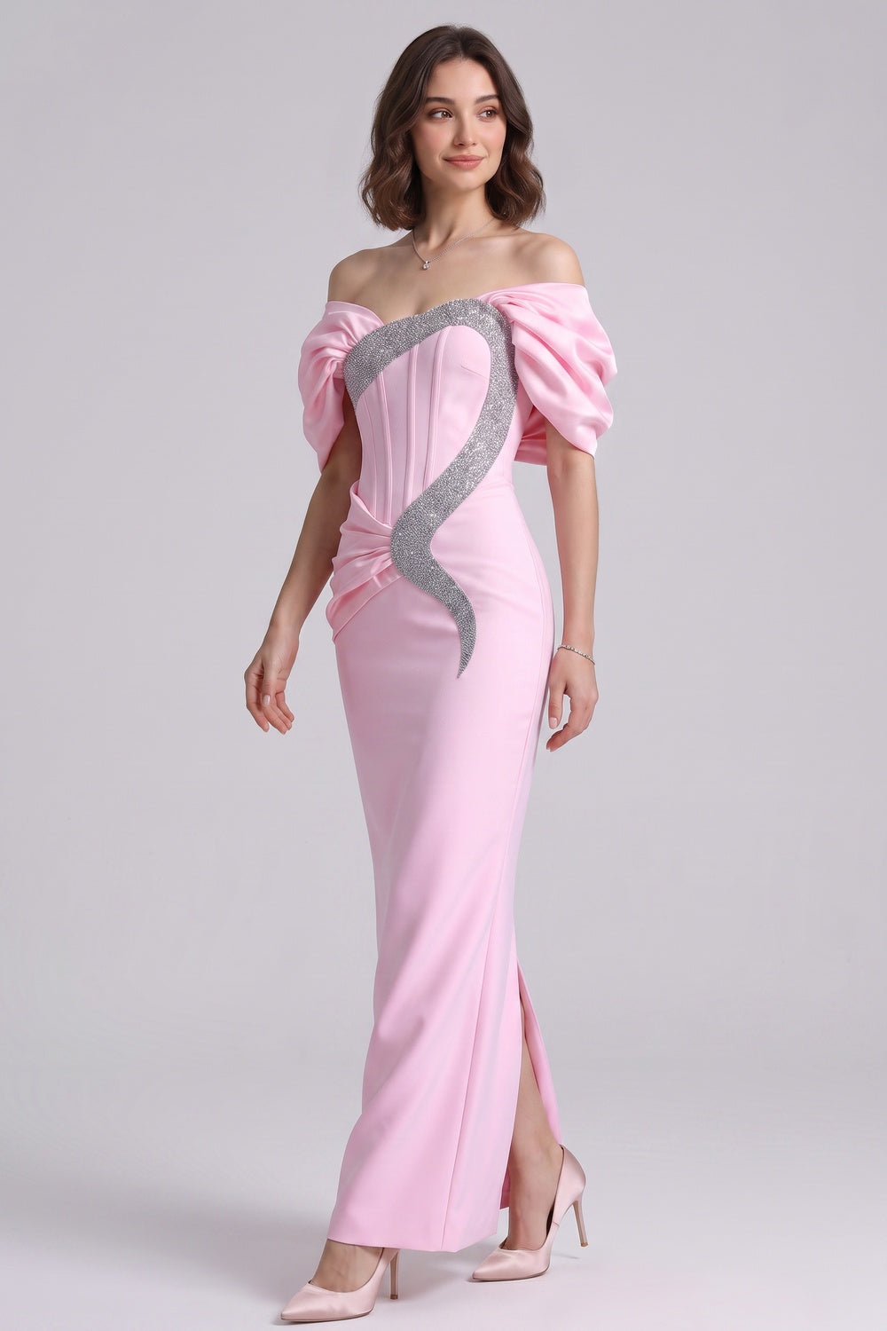 66fedfa0e7154368 LIGHT PINK SATIN COLUMN GOWN SILVER TRIM EVENING