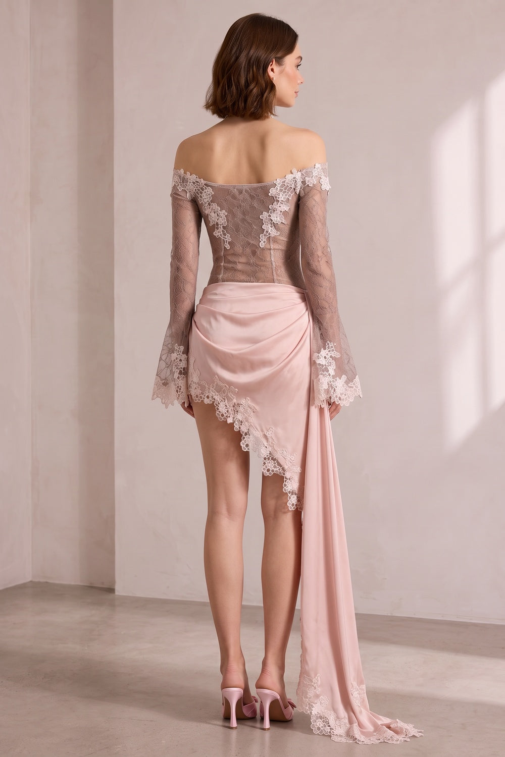 670f4cff17eccdac OFF SHOULDER FLORAL LACE TOP & SATIN ASYM MINI SKIRT SET