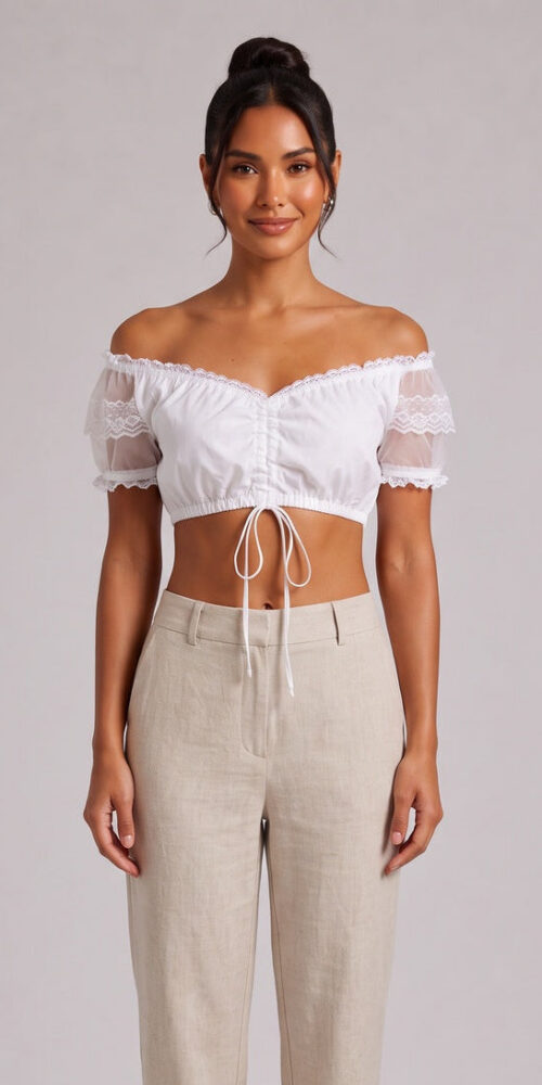 6726a832a1fe8cf1 WHITE OFF-SHOULDER CROP TOP DIRNDL BLOUSE, COTTON BLEND