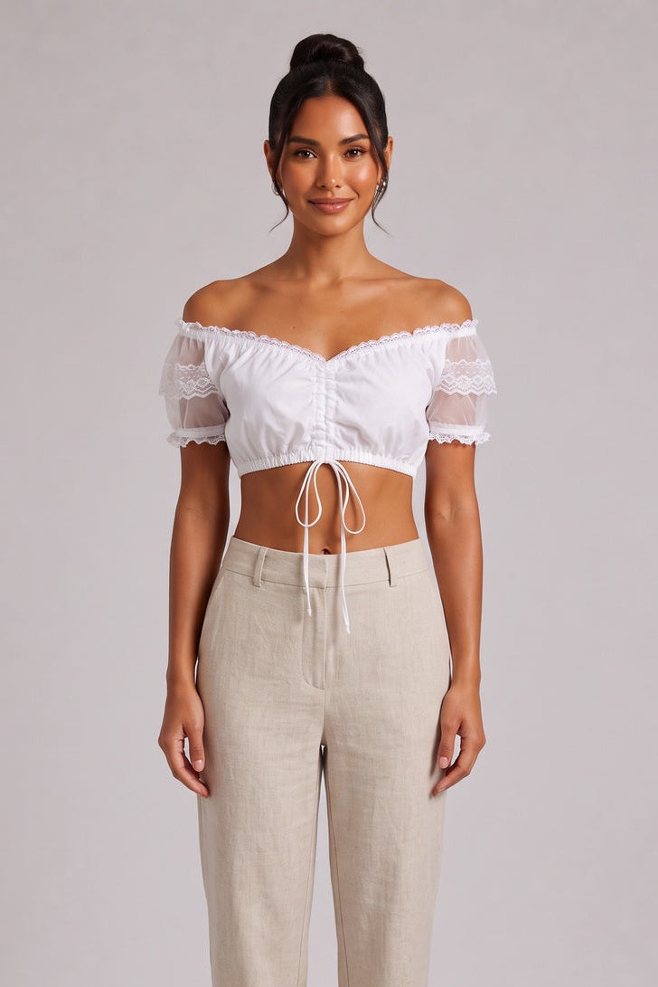 6726a832a1fe8cf1 WHITE OFF-SHOULDER CROP TOP DIRNDL BLOUSE, COTTON BLEND