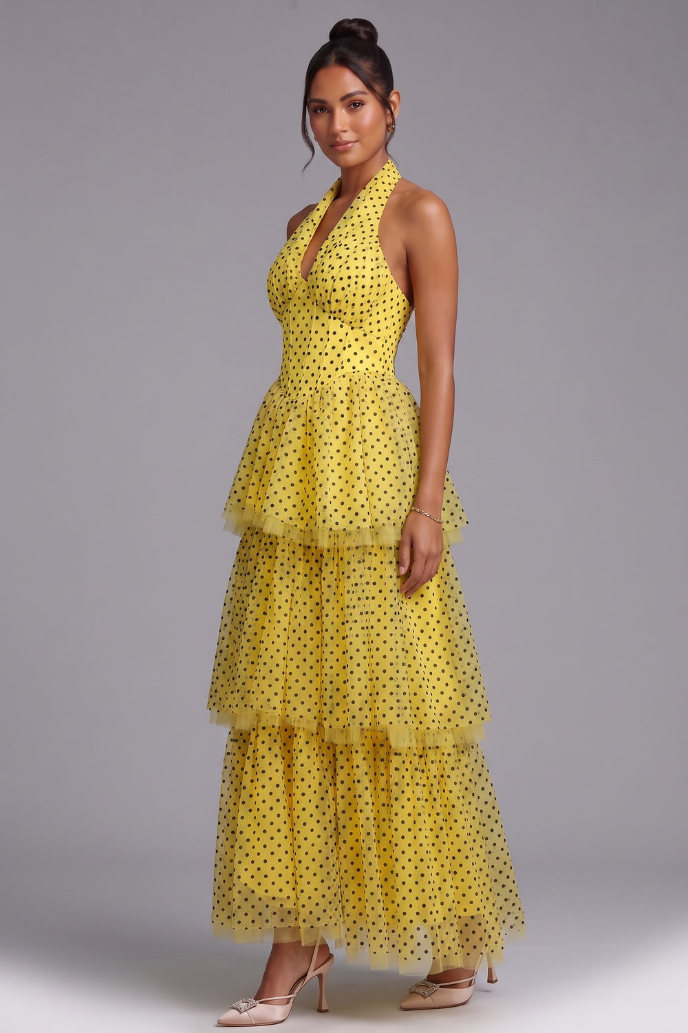 6760b5fab74ef166 YELLOW POLKA DOT TIERED HALTER MAXI DRESS