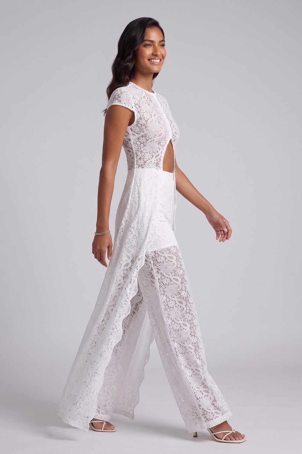 WHITE LACE SLIM-FIT MAXI TUNIC & WIDE-LEG PANTS SET