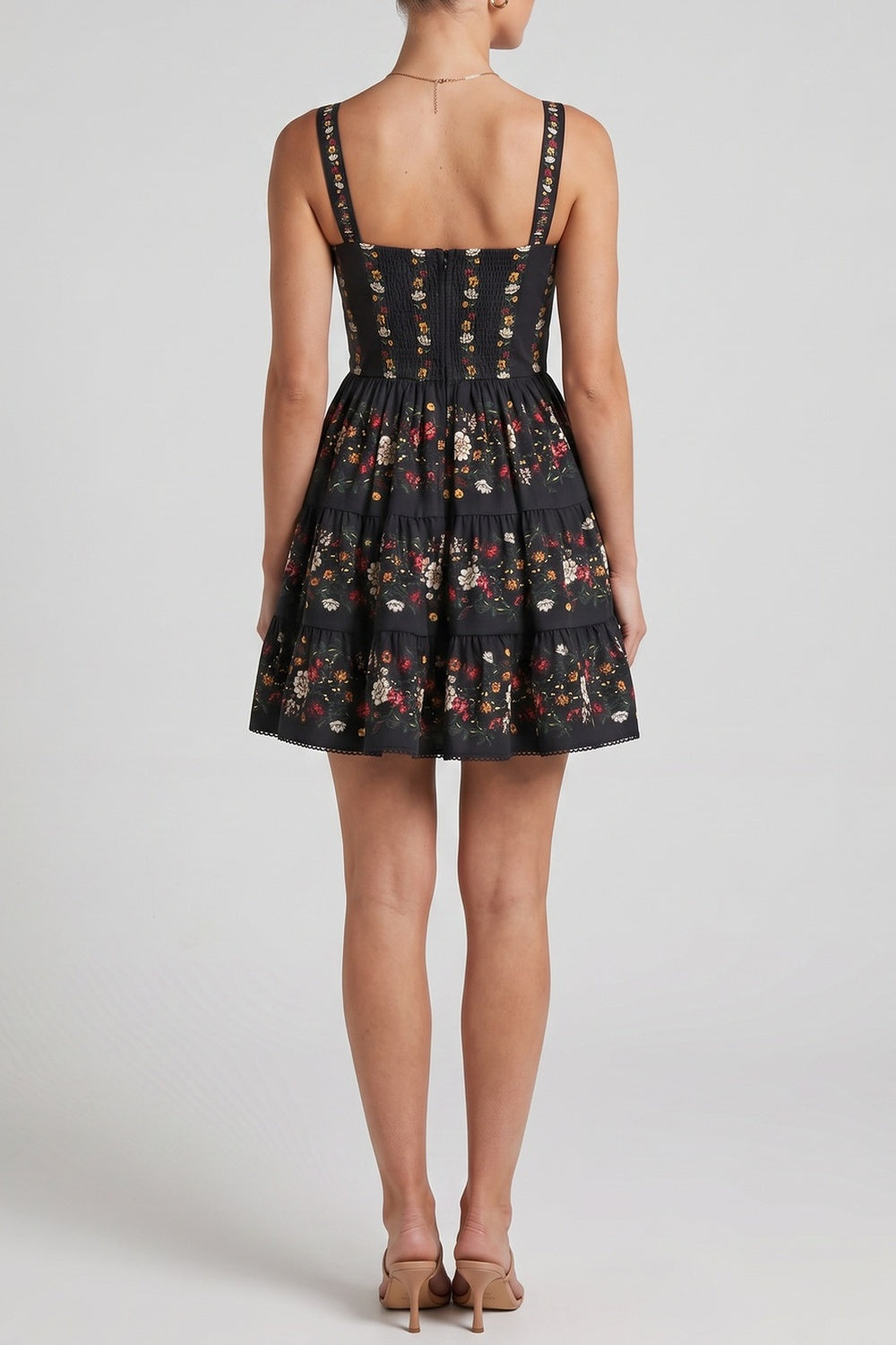 67af528838a600e6 SQUARE NECK FLORAL TIERED SPAGHETTI STRAP MINI DRESS