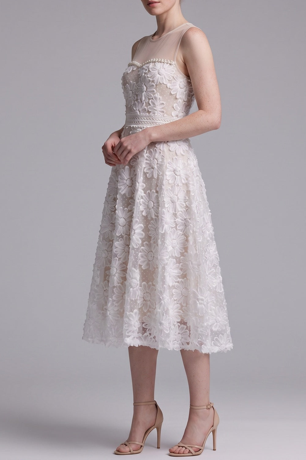 67b98df35ab7f81b SHEER MESH MOCK NECK SLEEVELESS 3D FLORAL TULLE MIDI DRESS