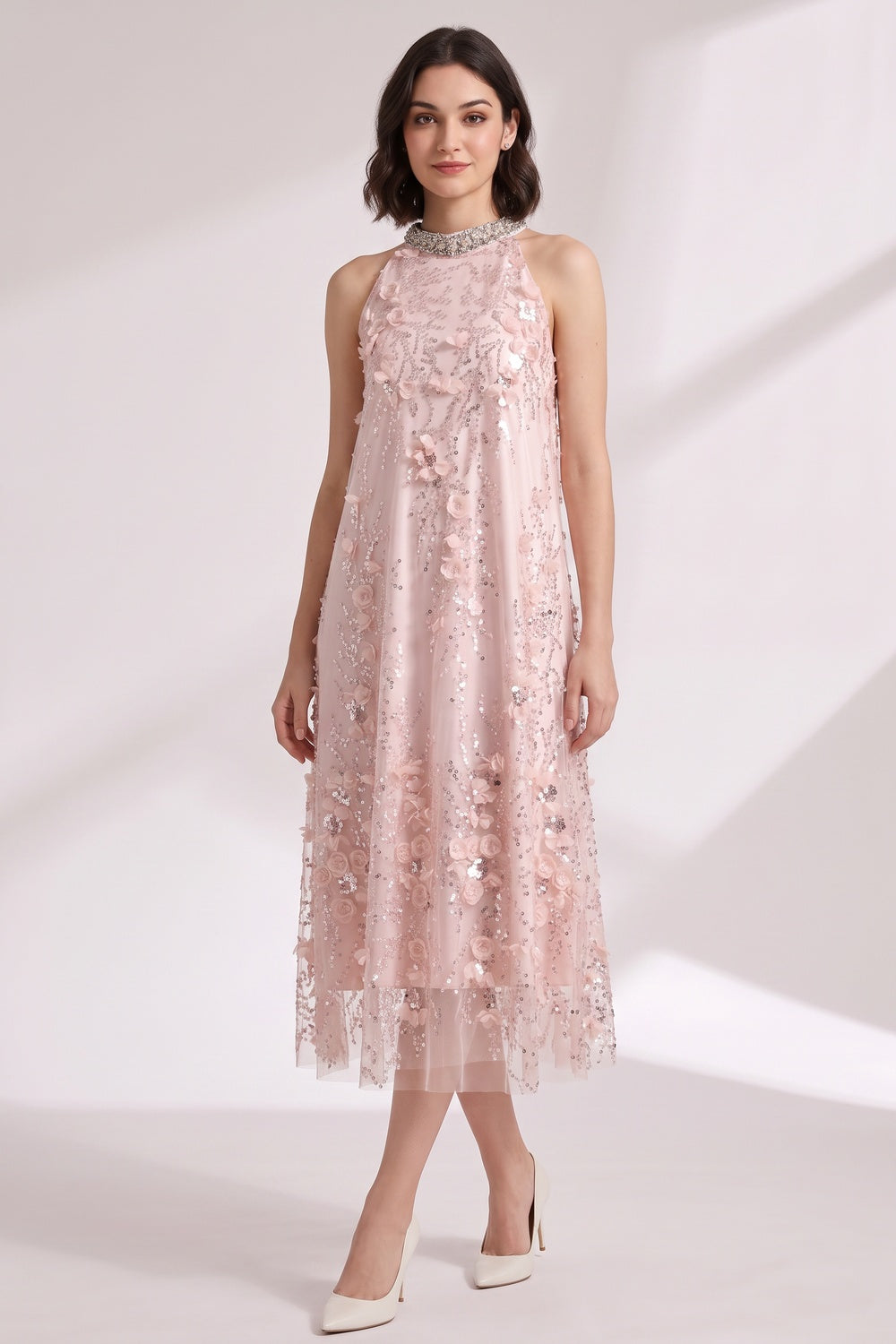 67e719a40029402f BLUSH PINK TULLE A-LINE SHIFT DRESS FLORAL EMBELLISHMENT
