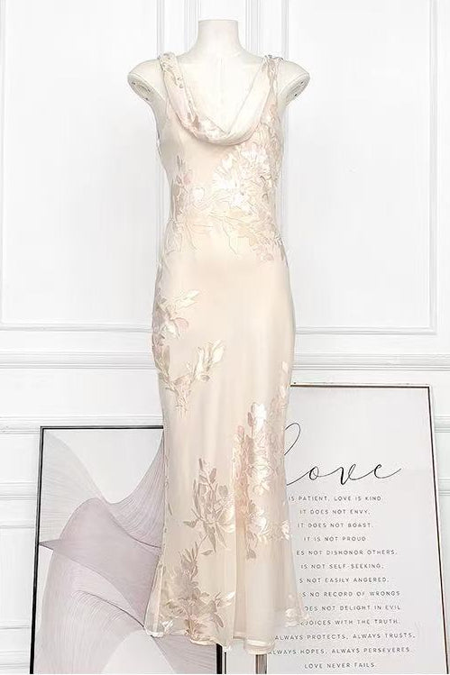 687884415f8eef8d10dc951be6f5c403 DRAPED COWL BACKLESS FLORAL JACQUARD MERMAID MAXI DRESS