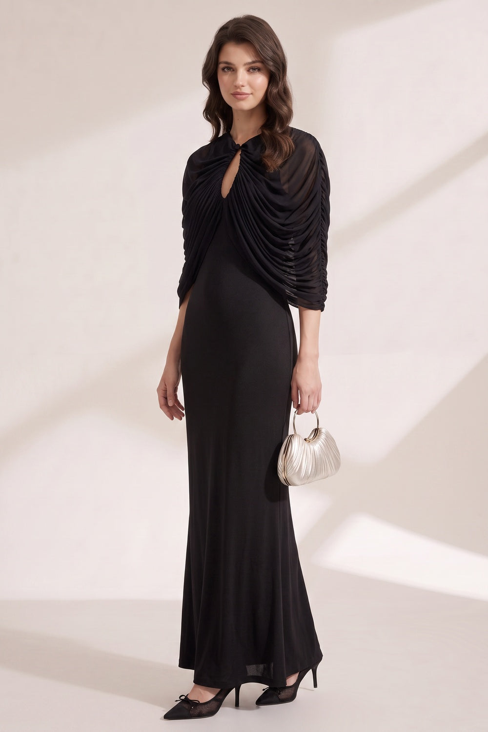 68860c53d1d20abb BLACK MATTE JERSEY COLUMN GOWN WITH DRAPED CAPELET